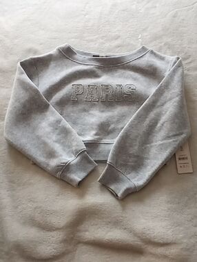WEEKEND ACADEMY GIRLS CROPPED SIZE 6-7 Gray 'PARIS' Cropped Sweatshirt NWT